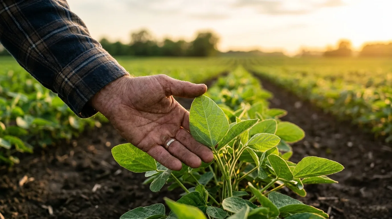 Mano de agricultor examinando una hoja verde sana en un cultivo, reflejando el cuidado y el impacto positivo de la glicina betaína en el crecimiento de las plantas.