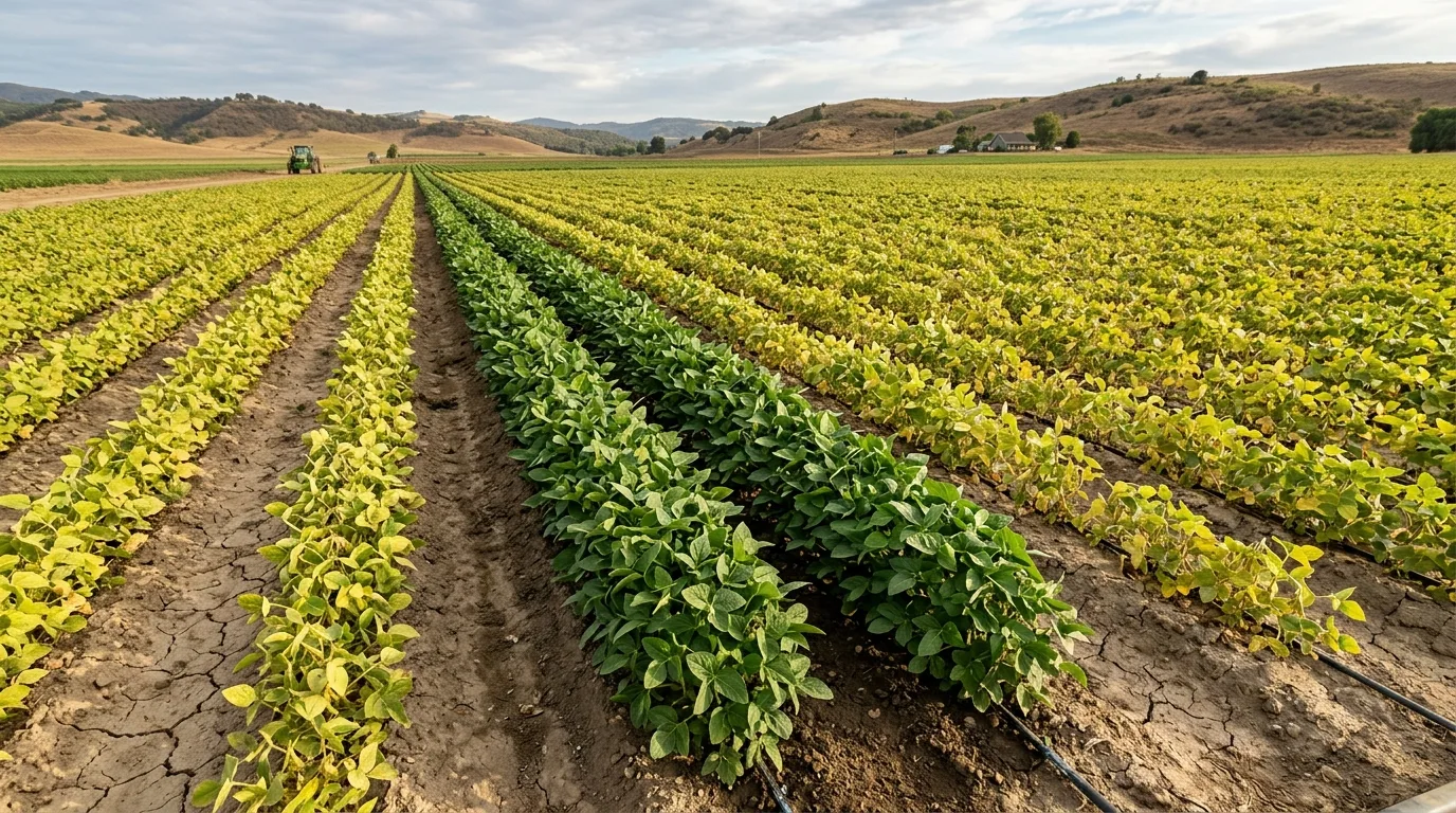 Vista aérea o de campo que muestra una sección de cultivo visiblemente más verde y sana en contraste con un área adyacente que muestra signos de estrés, ilustrando la eficacia de la glicina betaína.